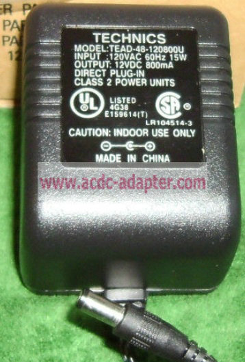 Technics 12VDC 800mA tead-48-120800u DC/AC adapter charger Direct plug-in class 2 - Click Image to Close